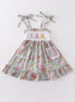 Floral print bunny embroidery smocked girl dress