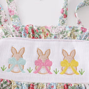 Floral print bunny embroidery smocked girl dress