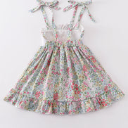 Floral print bunny embroidery smocked girl dress