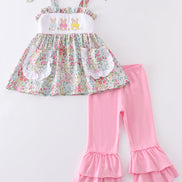 Floral print bunny embroidery smocked girl set