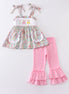 Floral print bunny embroidery smocked girl set