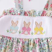Floral print bunny embroidery smocked girl set