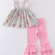 Floral print bunny embroidery smocked girl set
