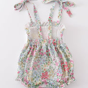 Floral print bunny embroidery smocked girl bubble