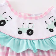 Pink tractor embroidery plaid girl bubble