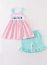 Pink tractor embroidery plaid girl set