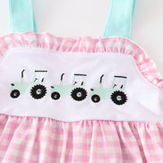 Pink tractor embroidery plaid girl set