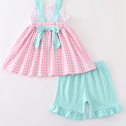 Pink tractor embroidery plaid girl set