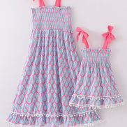 Blue ribbon lace charm smocked mom&me dress