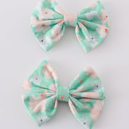 Green floral print girl piggie hair bow