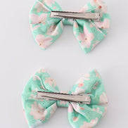 Green floral print girl piggie hair bow