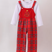 Red tree embroidery plaid jumpsuit set