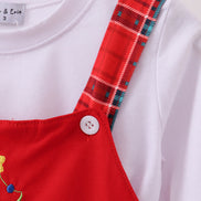 Red tree embroidery plaid jumpsuit set