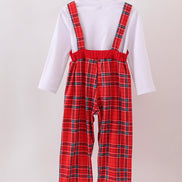 Red tree embroidery plaid jumpsuit set