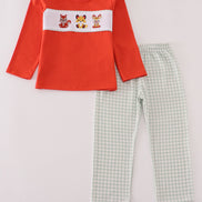 Fox embroidery gingham pants set