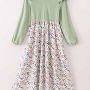 Sage floral print velvet ruffle mom dress