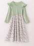 Sage floral print velvet ruffle mom dress