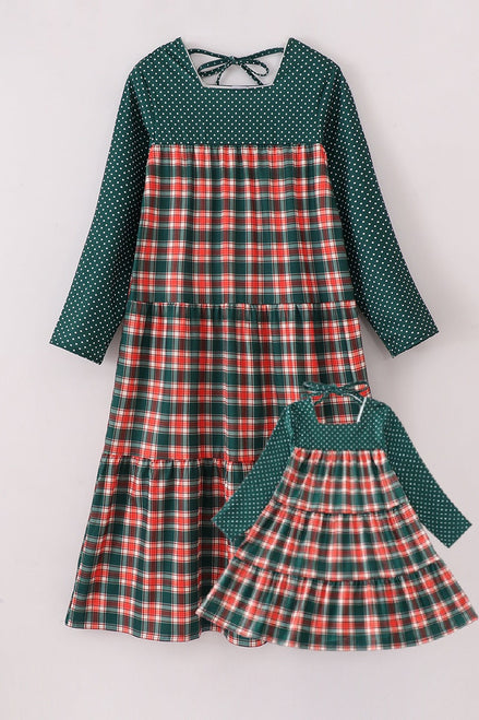 Girls & Mommy Matching Forest Green Plaid Christmas Dress – Holiday Mom & Me Outfit