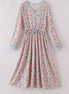 Pink&blue floral print women dress