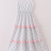 Pink bow print  ruffle mom dress