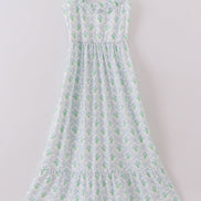 Green leaves bow print mom&me dress
