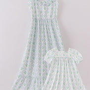 Green leaves bow print mom&me dress