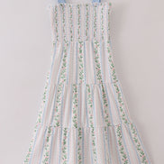 Blue floral print smocked women dress