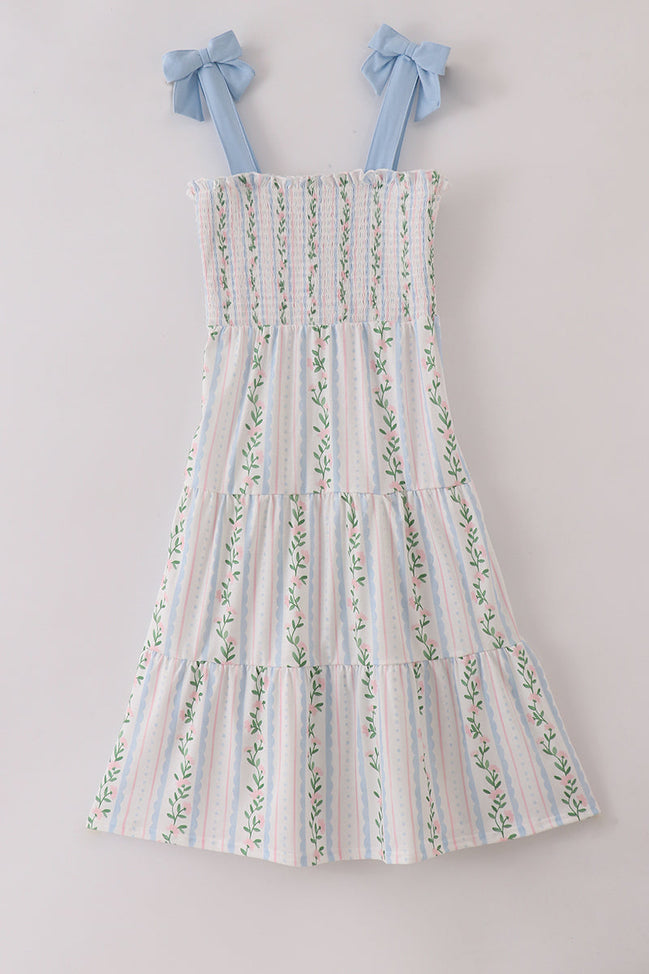 Blue floral print smocked women dress