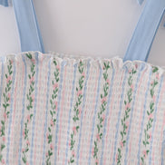 Blue floral print smocked women dress