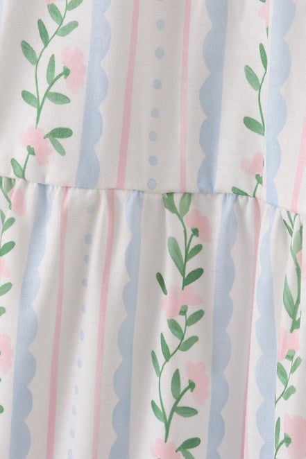 Blue floral print smocked women dress