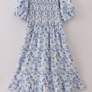 Blue smocked floral print mom dress