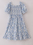 Blue smocked floral print mom dress