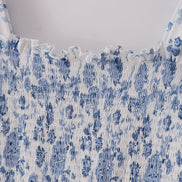 Blue smocked floral print mom dress