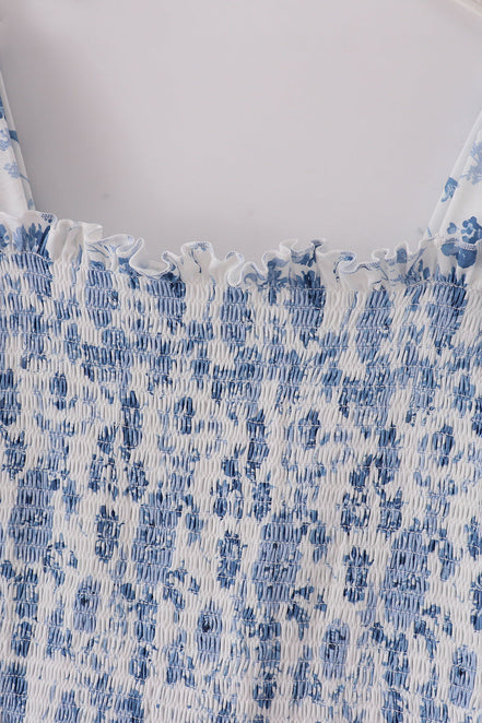 Blue smocked floral print mom dress