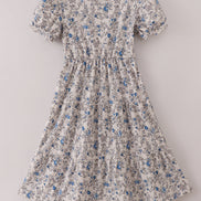Blue vintage floral print tiered mom dress