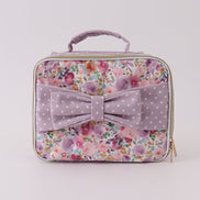 Purple floral print canvas bow lunch bag