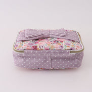 Purple floral print canvas bow lunch bag