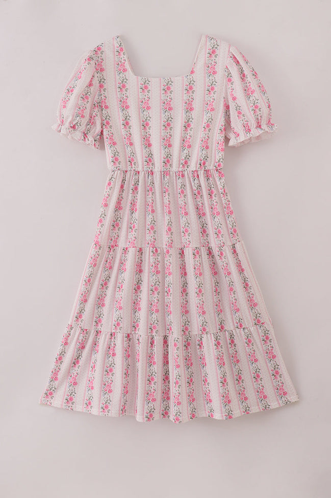 Pink floral print tiered mom dress