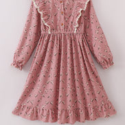 Floral corduroy lace ruffle mom dress