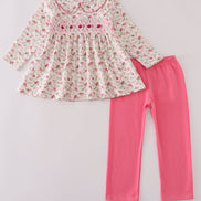 Pink rose hand smocked pants set