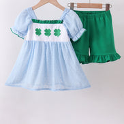 Blue clover embroidery swiss dot shorts set