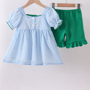 Blue clover embroidery swiss dot shorts set
