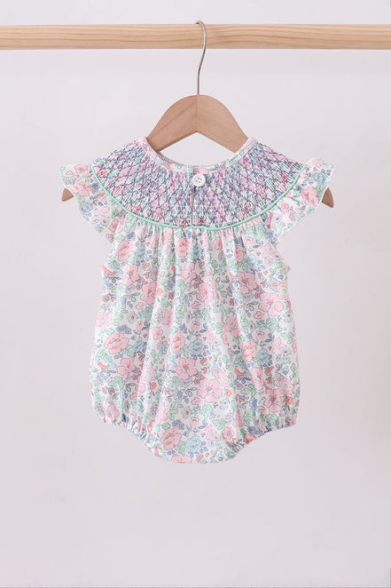 Green Floral Smocked Bubble