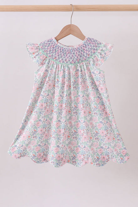Green Floral Smocked Dress