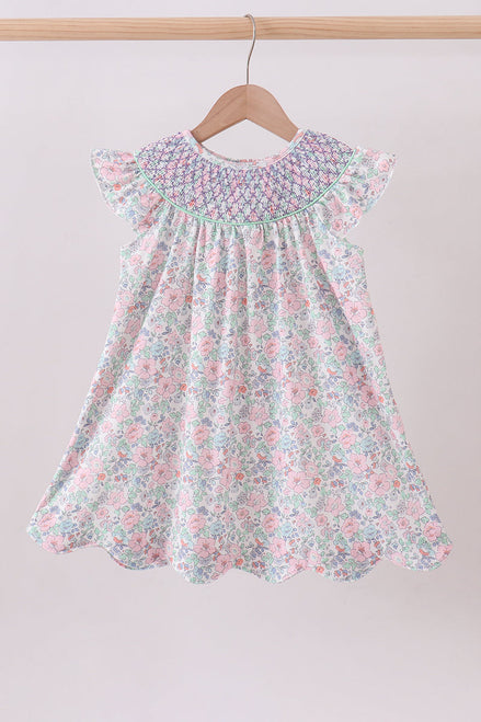Green Floral Smocked Dress
