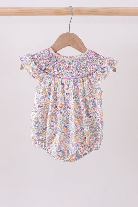 Purple Floral Smocked Ruffle Bubble