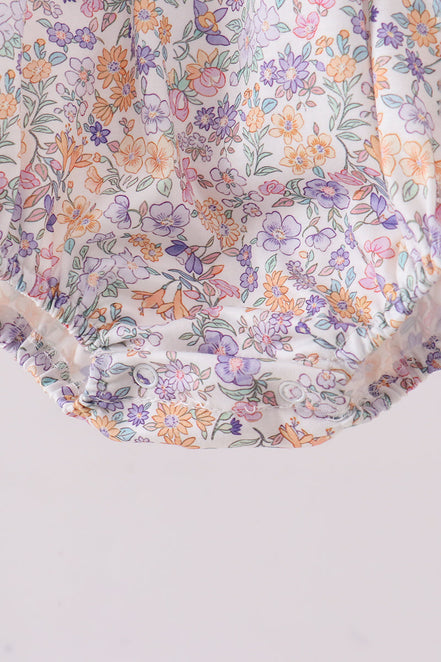 Purple Floral Smocked Ruffle Bubble