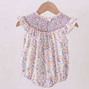 Purple Floral Smocked Ruffle Bubble
