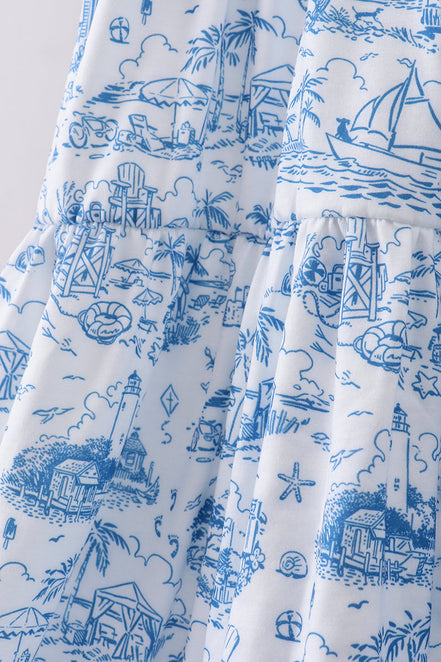 Blue beach sea smocked women dress