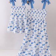 Blue whale smocked ruffle mom&me dress
